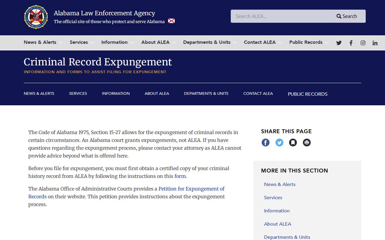 ALEA expungement page for Greene County released inmate mugshot correction